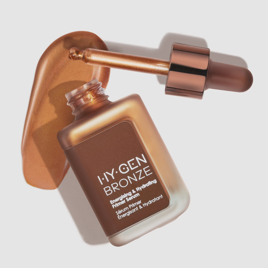 HY-GEN Bronze Energizing & Hydrating Primer Serum with dropper and bronze liquid smear on white background